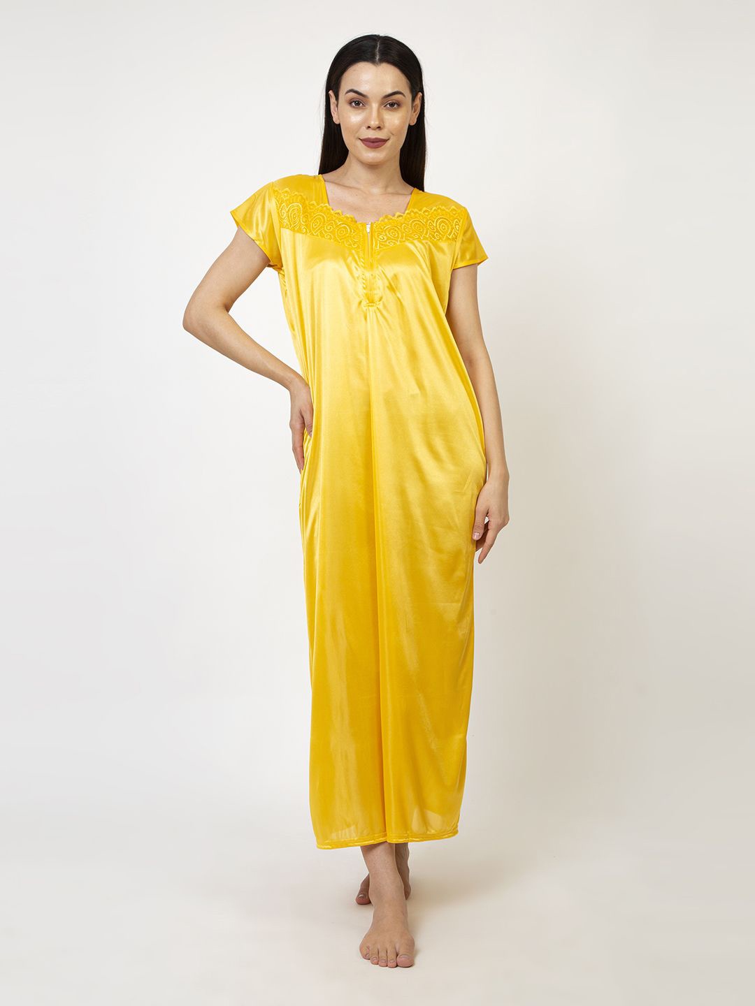 

AVYAY Round Neck Short Sleeves Maxi Nighty, Yellow