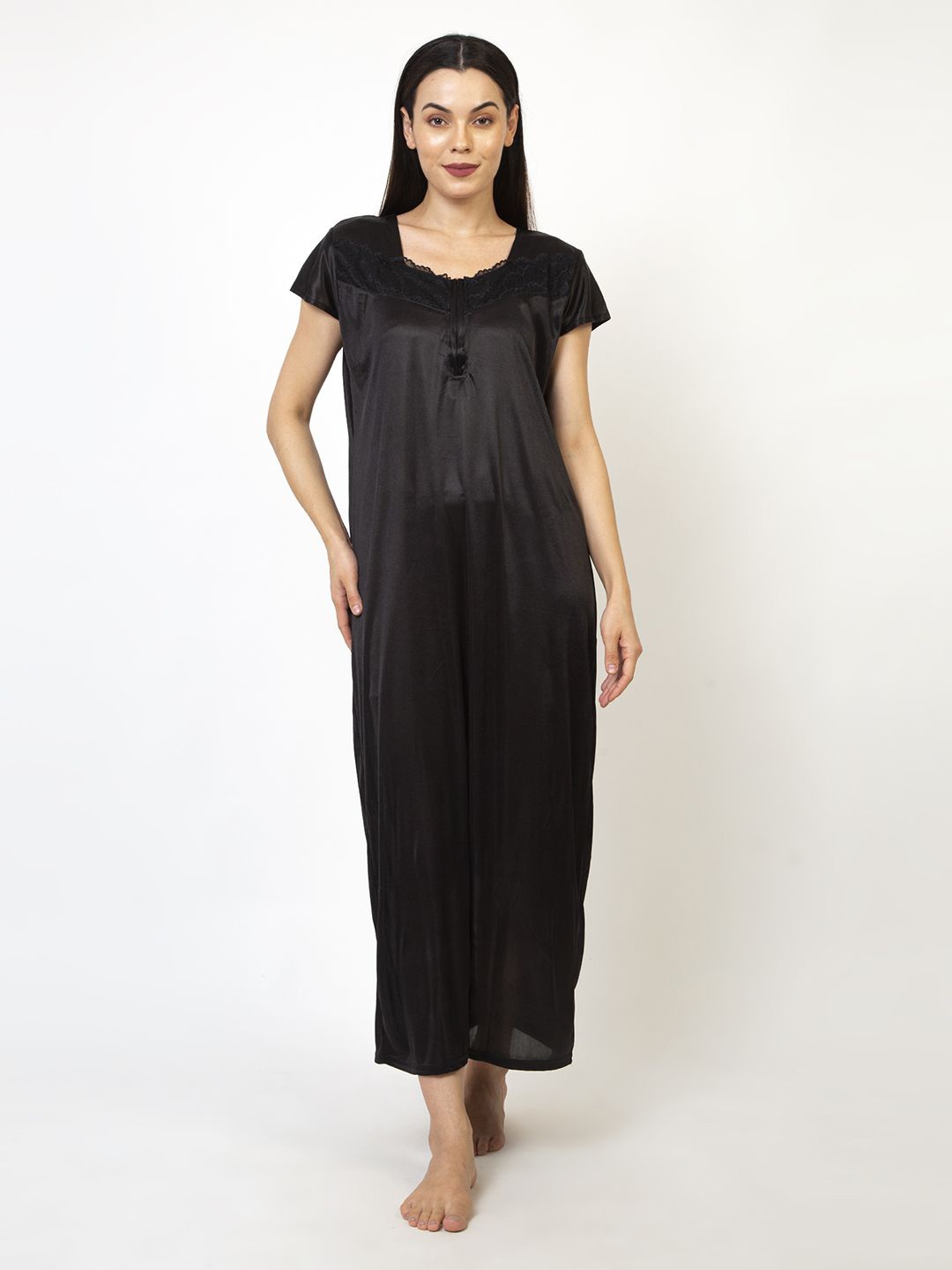 

AVYAY Round Neck Short Sleeves Satin Maxi Nighty, Black