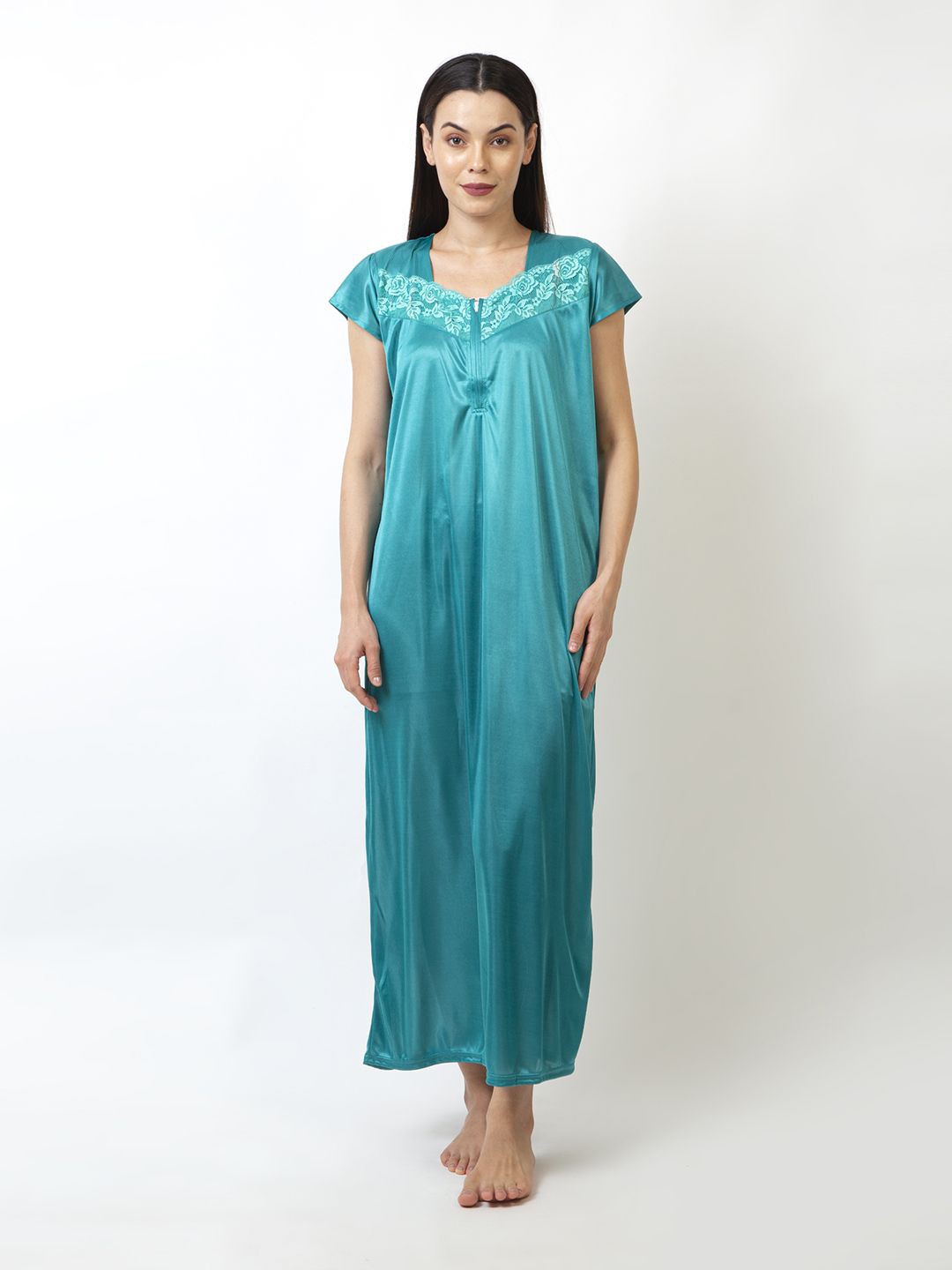 

AVYAY Round Neck Short Sleeves Satin Maxi Nighty, Green