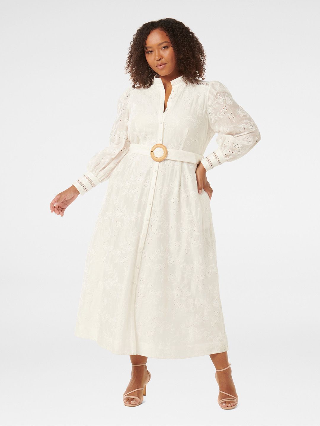 

Forever New Mandarin Collar Schiffli Embroidered Fit & Flare Maxi Dress, White
