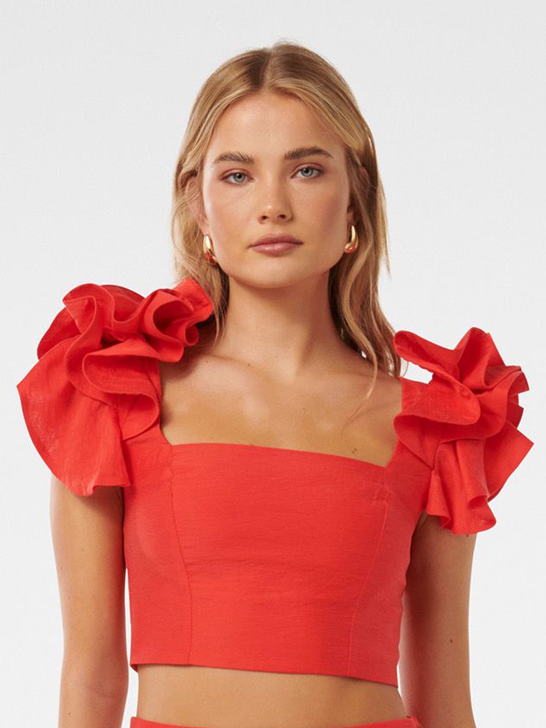 

Forever New Flutter Sleeve Solid Crop Top, Red