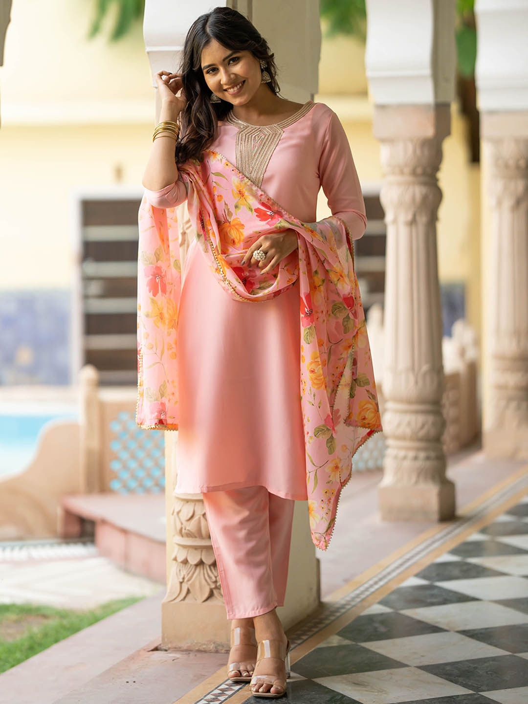 

Navlik Embroidered Gotta Patti Yoke Design Straight Kurta With Trousers & Dupatta, Pink