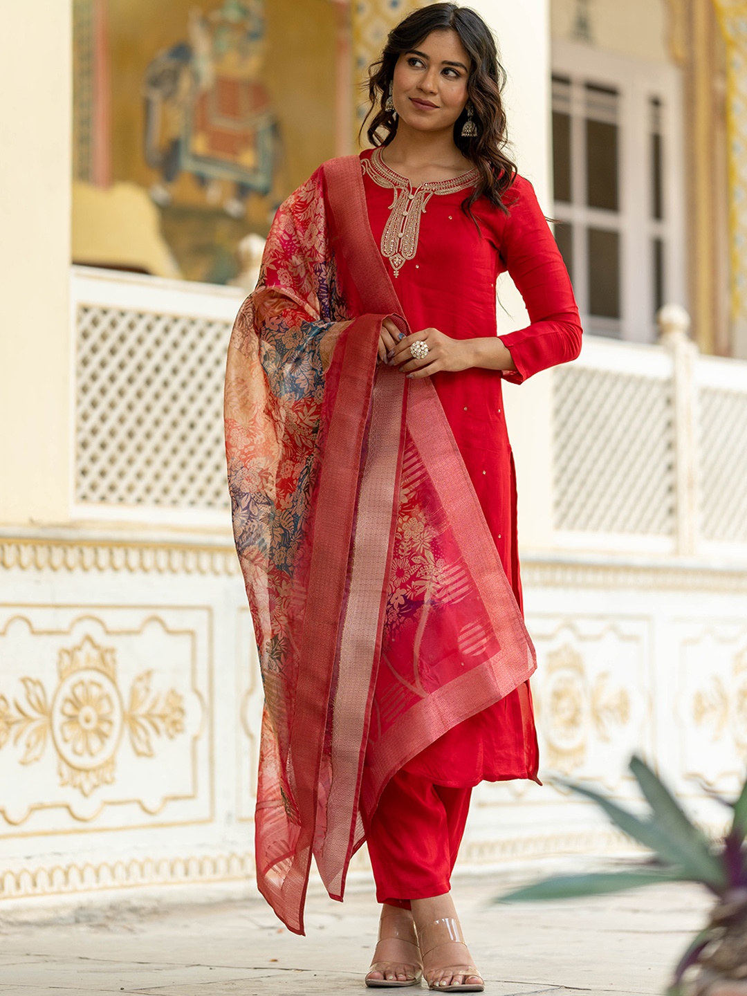 

Navlik Floral Embroidered V-Neck Sequined Zari Work Straight Kurta With Trousers & Dupatta, Pink