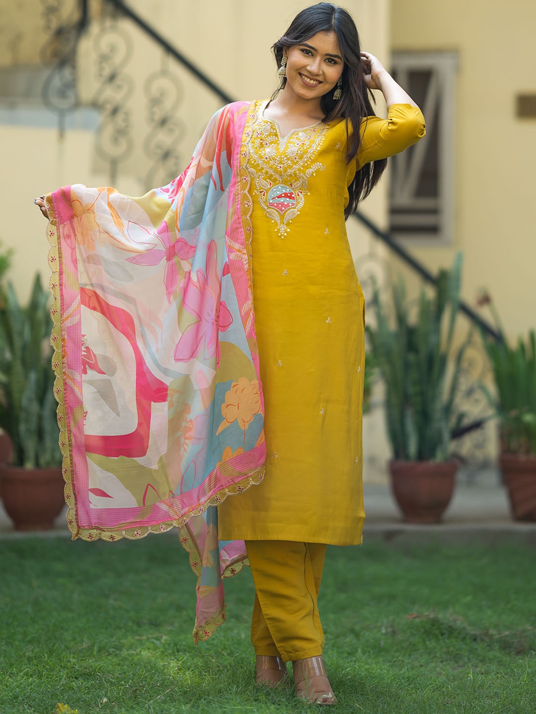 

Navlik Ethnic Motifs Embroidered Sequinned Straight Kurta with Trousers & With Dupatta, Yellow