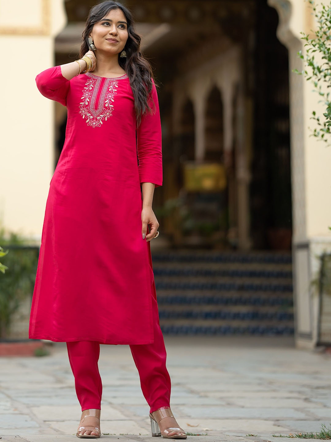 

Navlik Floral Embroidered Yoke Design Zari Work Kurta With Trousers & Dupatta, Pink