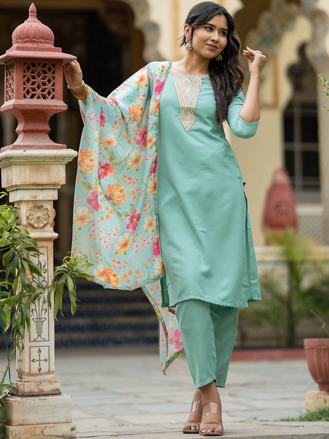 

Navlik Embroidered Straight Kurta & Trousers With Dupatta, Turquoise blue