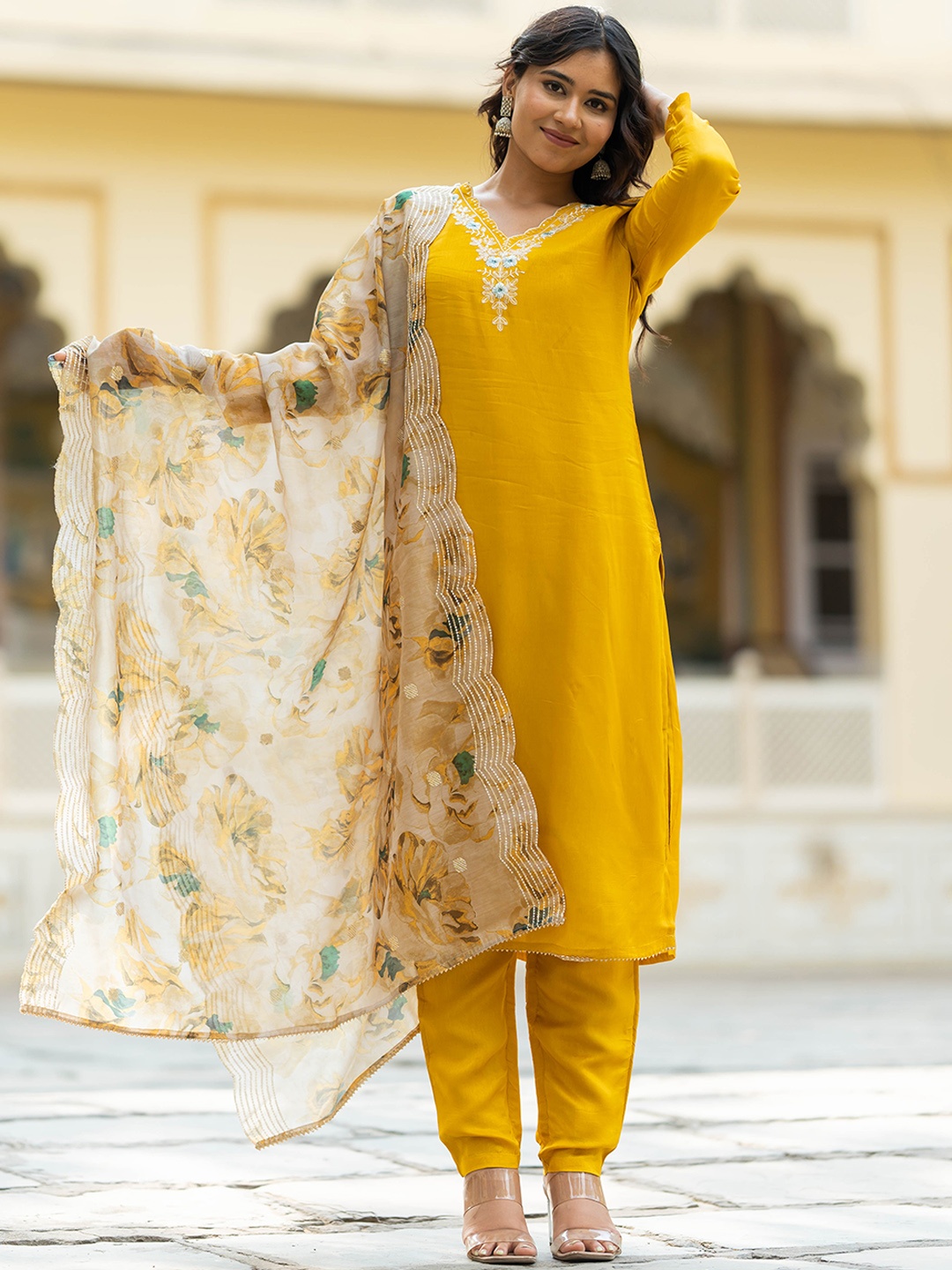 

Navlik Floral Embroidered Straight Kurta & Trousers With Dupatta, Yellow