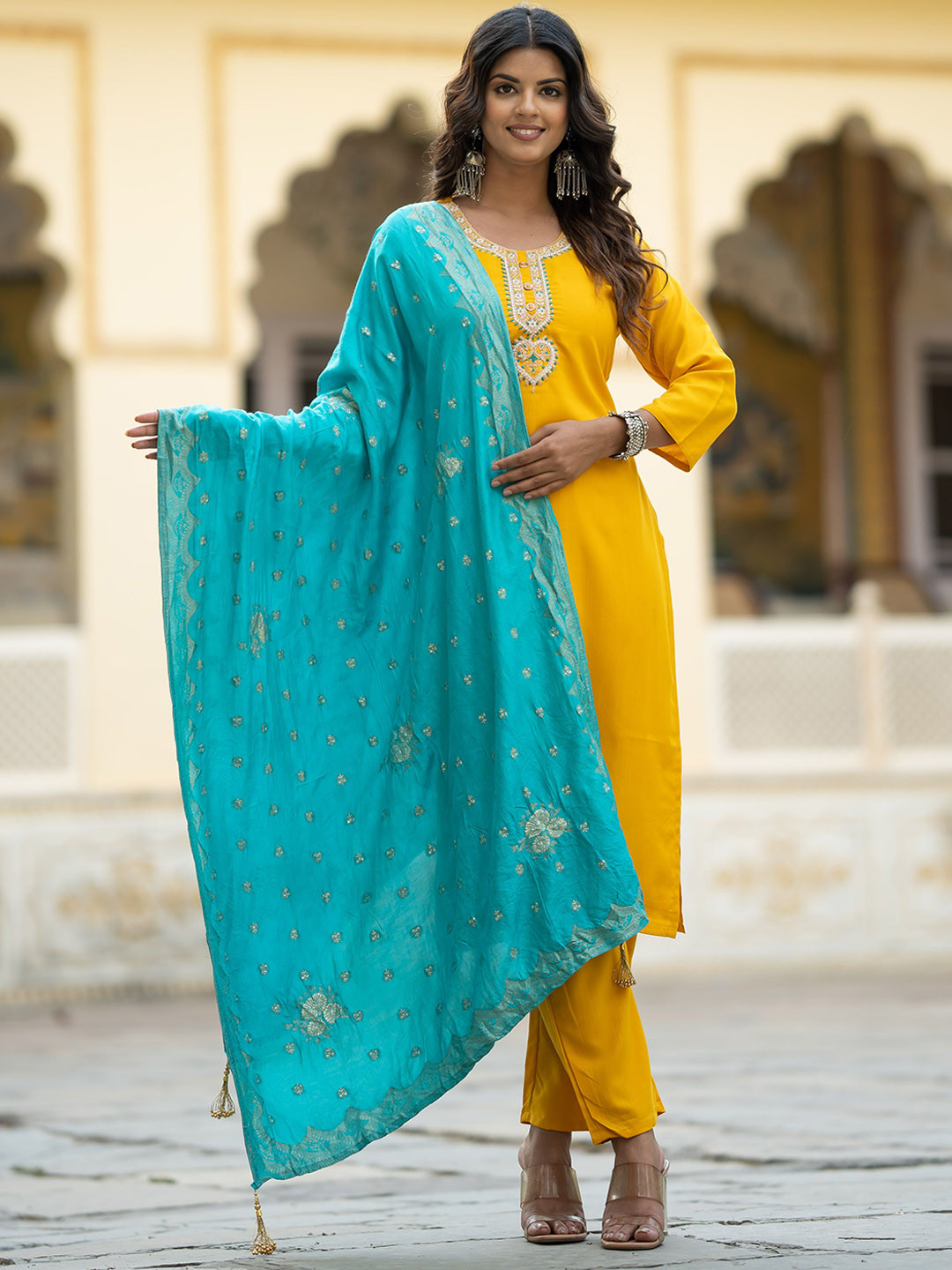 

Navlik Floral Embroidered Straight Kurta & Trousers With Dupatta, Yellow