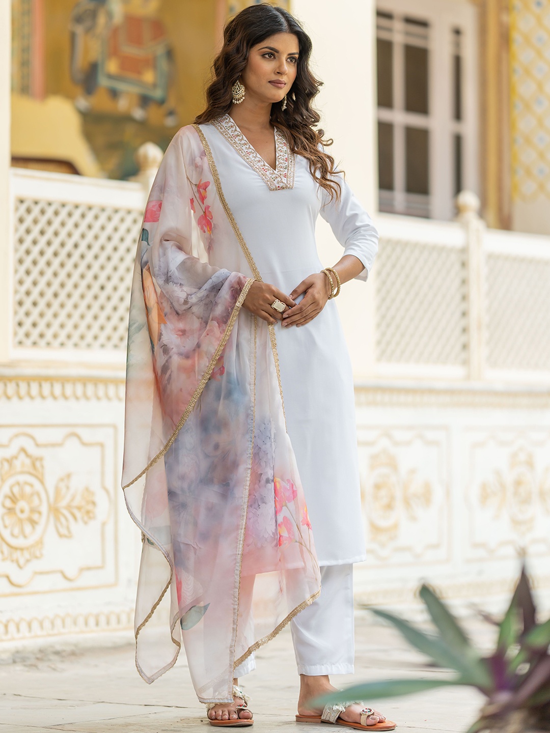 

Navlik Embroidered V Neck Straight Kurta & Trousers With Dupatta, White