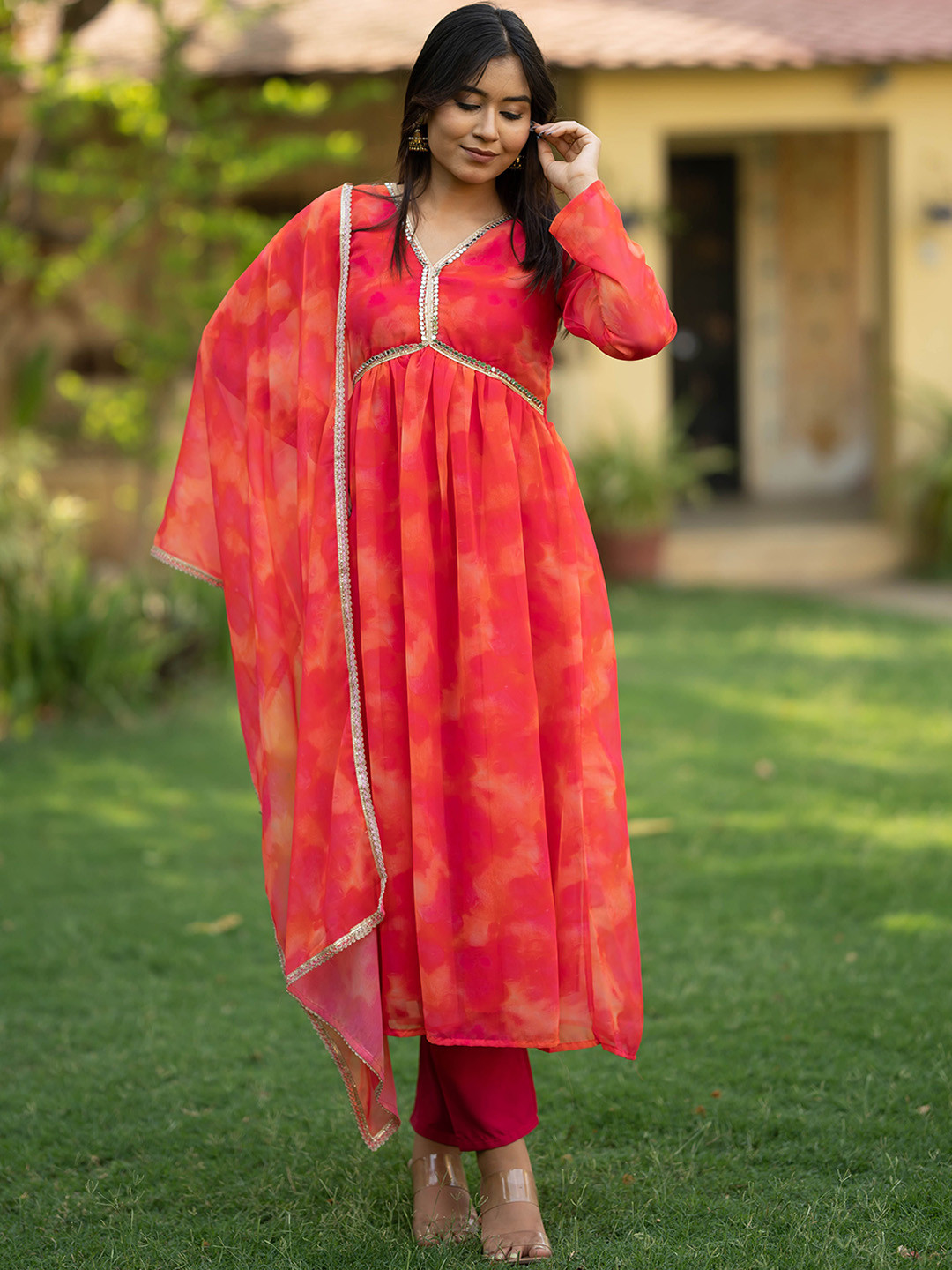 

Navlik Tie & Dye Printed Gotta Patti Empire Styled Anarkali Kurta With Trousers & Dupatta, Pink