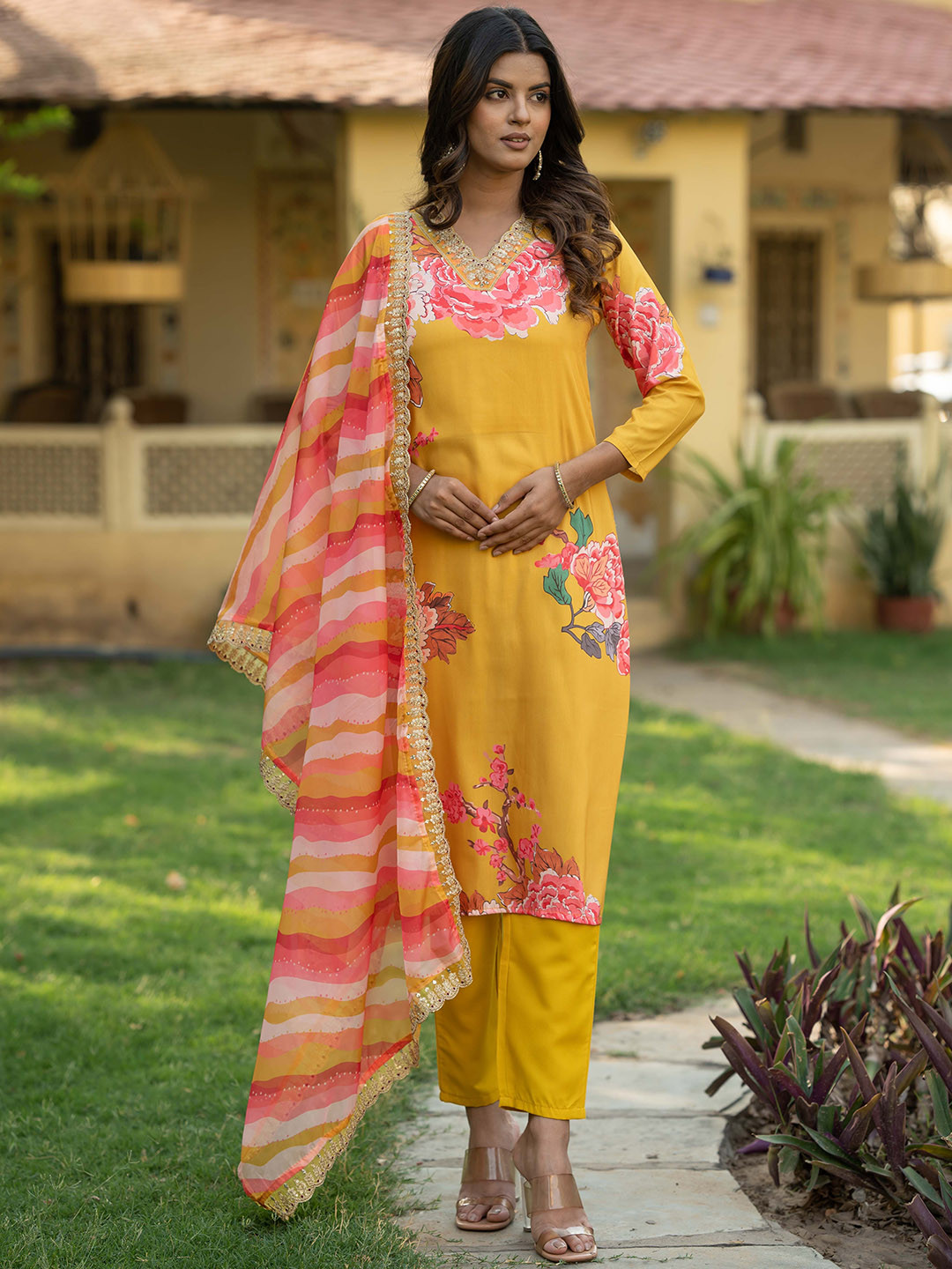 

Navlik Floral Printed Beads and Stones V-Neck Kurta With Trousers & Dupatta, Mustard
