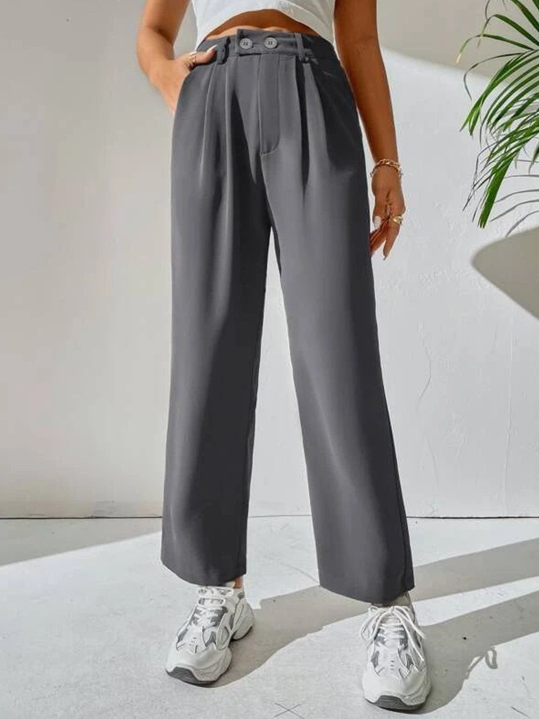 

FNOCKS Women Classic Straight Fit High-Rise Easy Wash Pleated Trousers, Grey