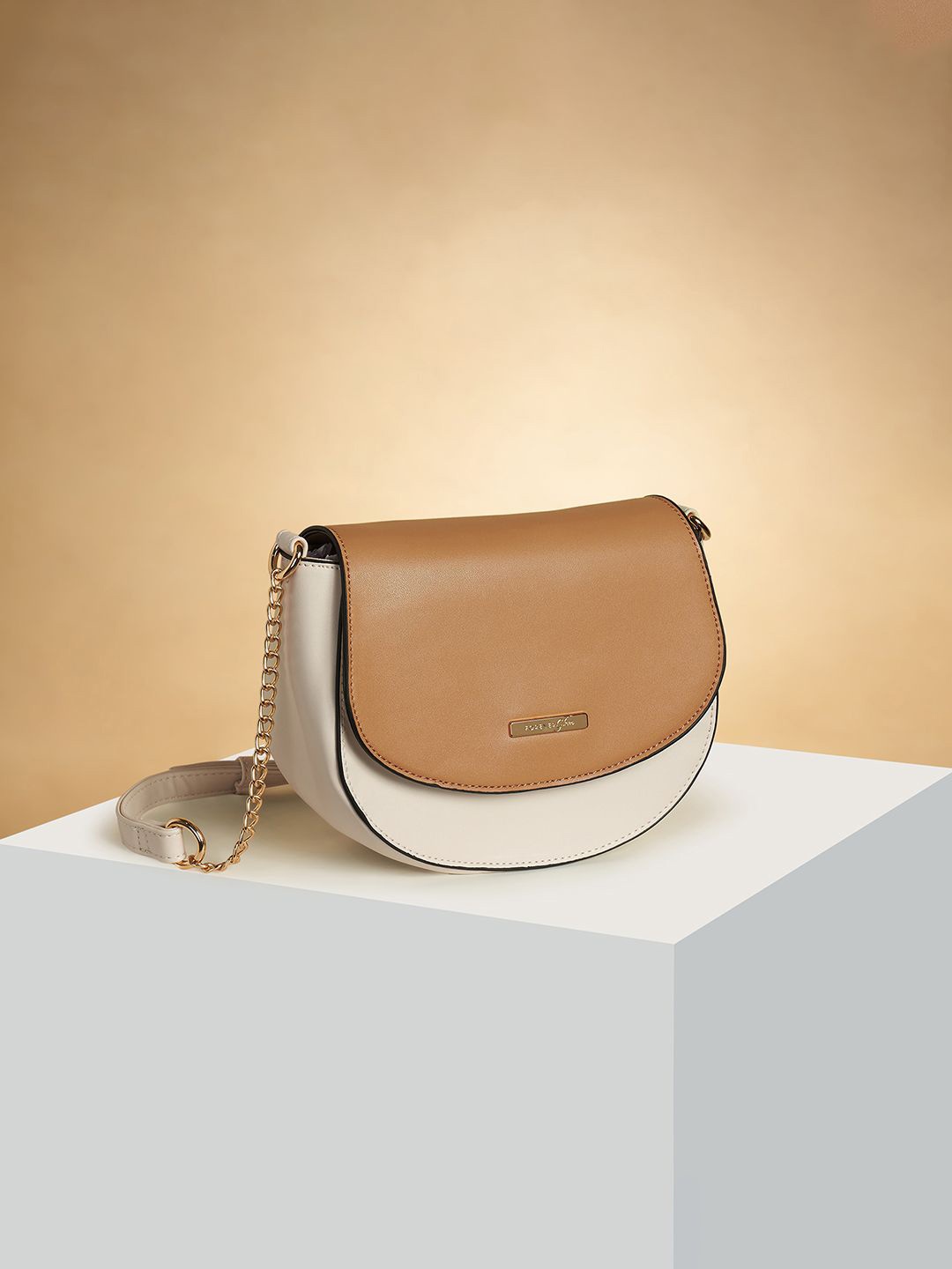 

Forever Glam by Pantaloons Colourblocked PU Swagger Sling Bag with Applique, Beige