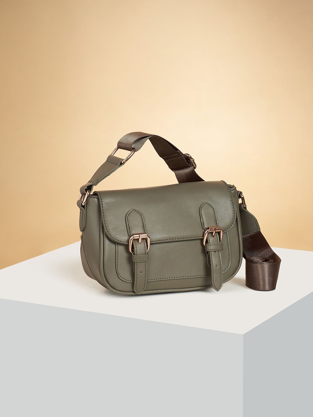 

Forever Glam by Pantaloons Colourblocked PU Oversized Structured Satchel, Khaki