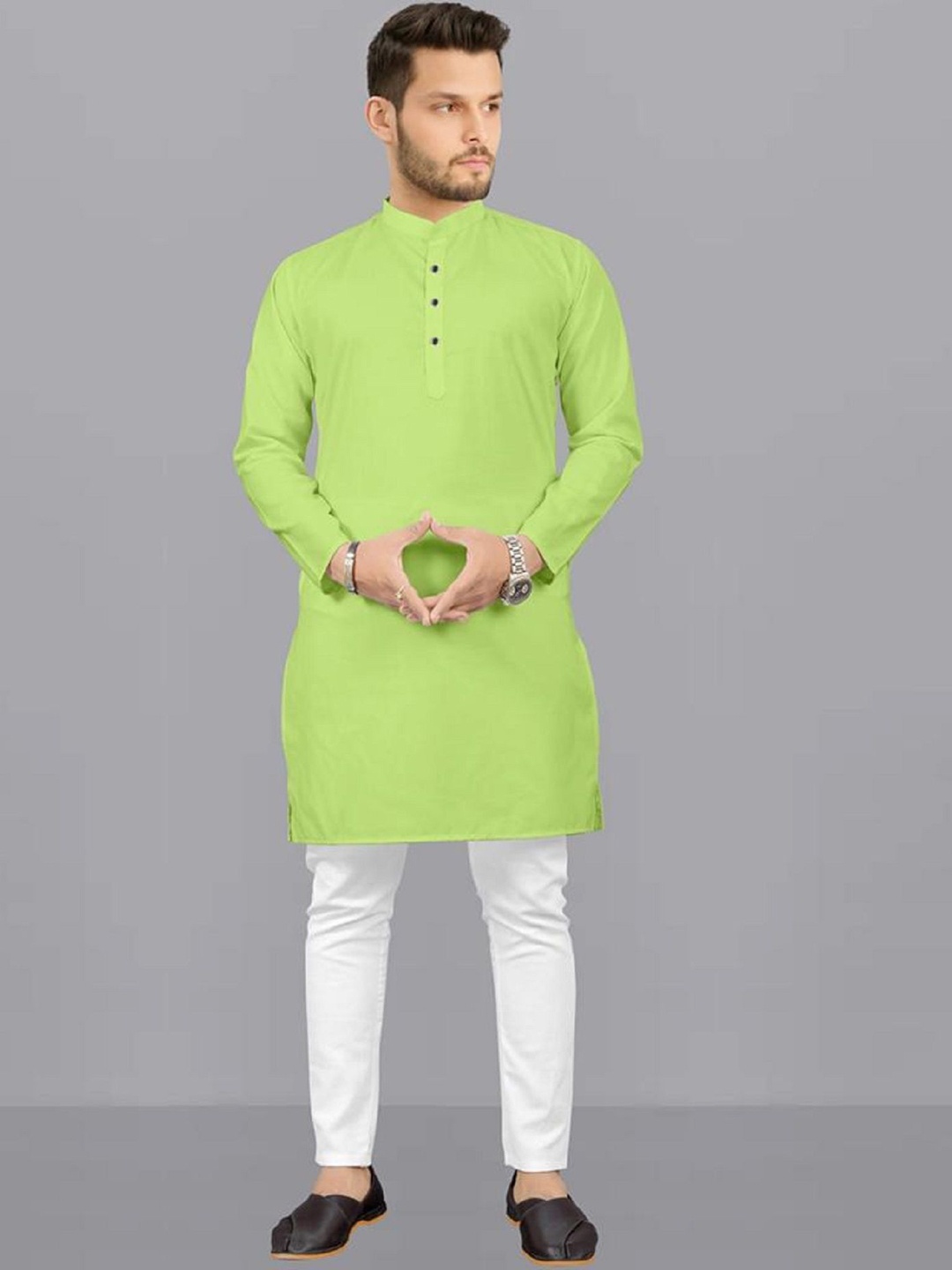 

IMAGO Mandarin Collar Long Sleeves Pure Cotton Straight Kurta, Lime green