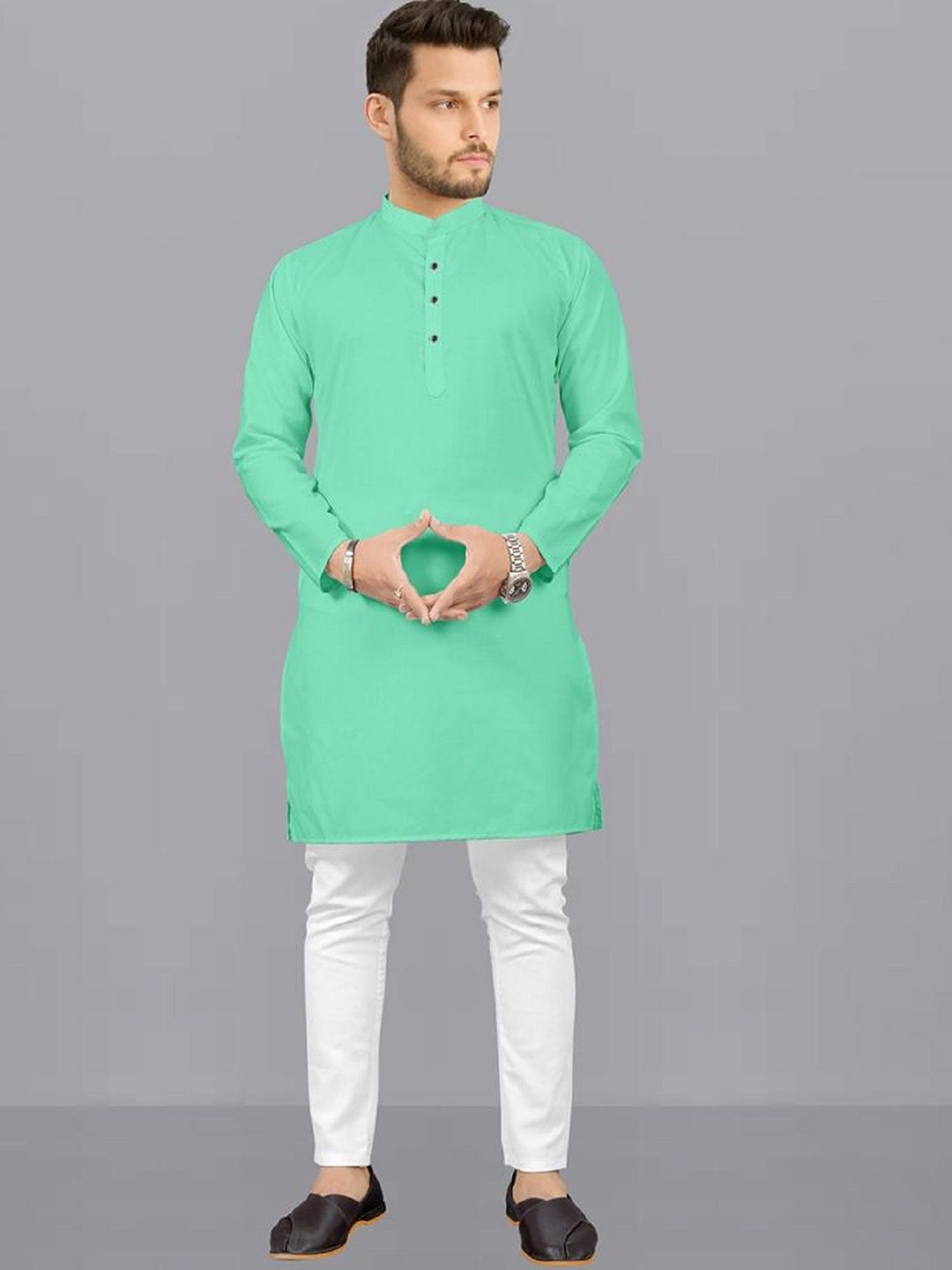 

IMAGO Mandarin Collar Long Sleeves Pure Cotton Straight Kurta, Green