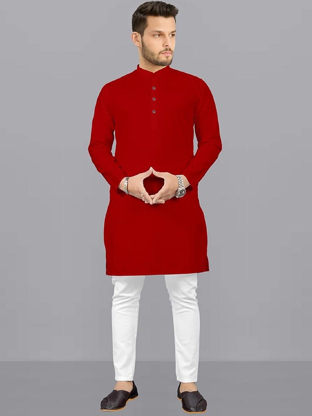 

IMAGO Mandarin Collar Long Sleeves Pure Cotton Straight Kurta, Red