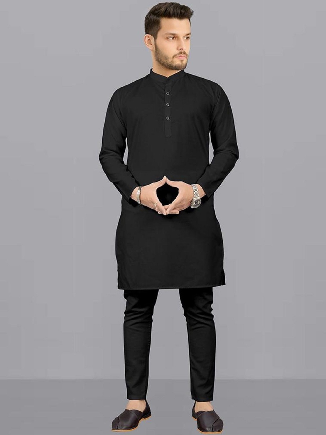 

IMAGO Mandarin Collar Long Sleeves Pure Cotton Straight Kurta, Black