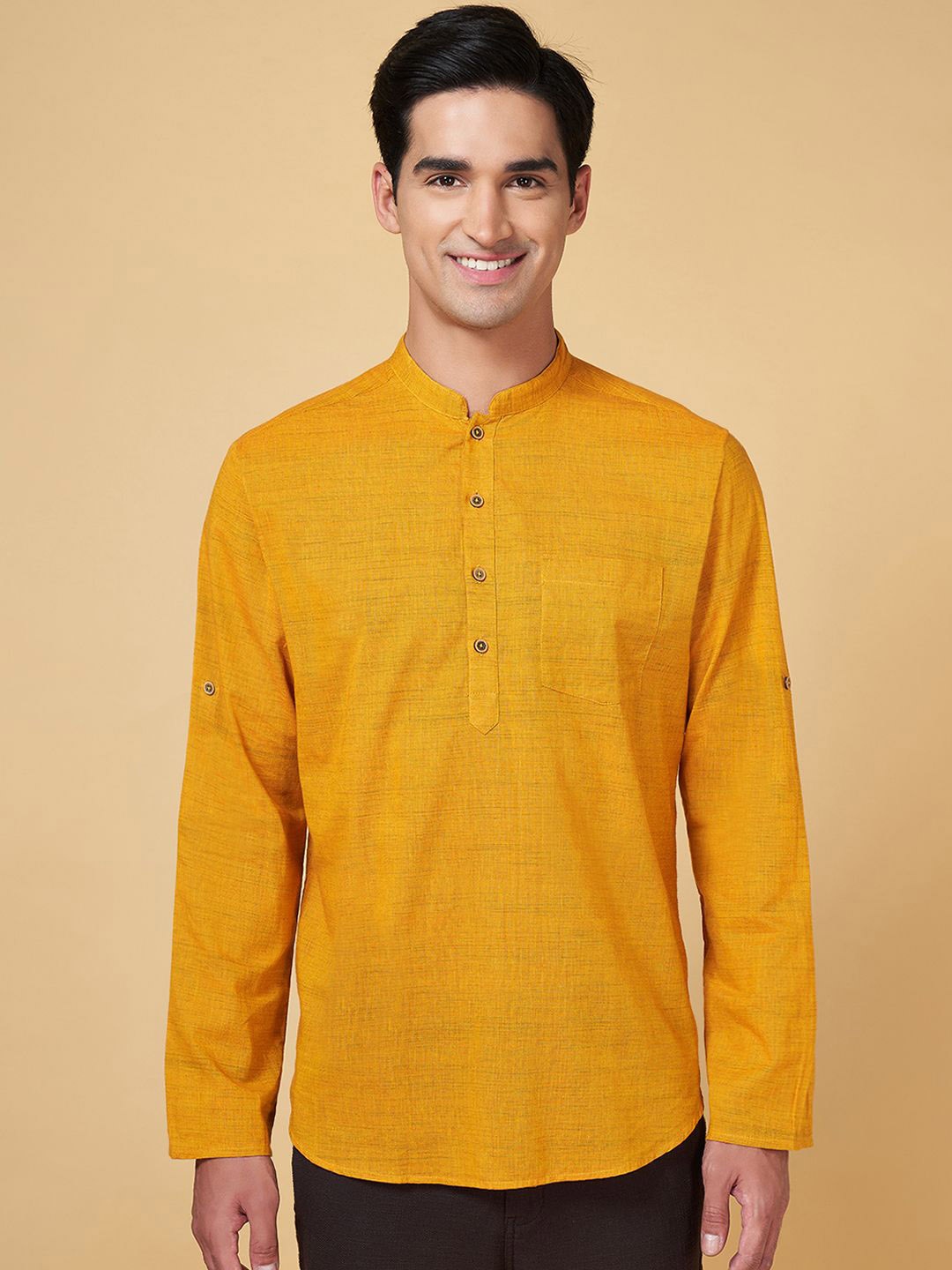 

indus route by Pantaloons Men Thread Work Pathani Kurta, Mustard