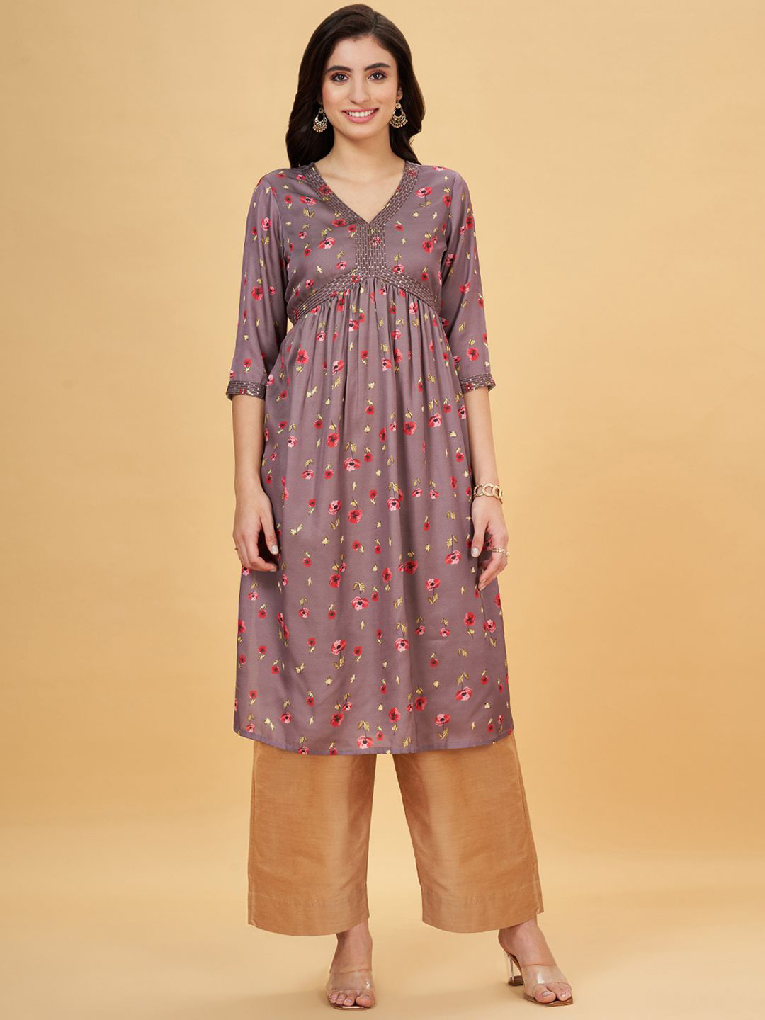 

RANGMANCH BY PANTALOONS Floral Printed V-Neck Empire Sequinned A-Line Kurta, Brown