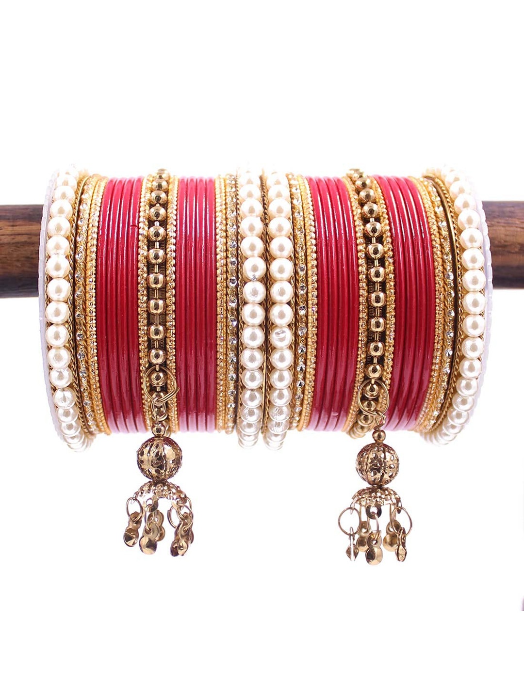 

leshya Set Of 34 Brass Plated Stone-Studded & Beaded Bangles, Red