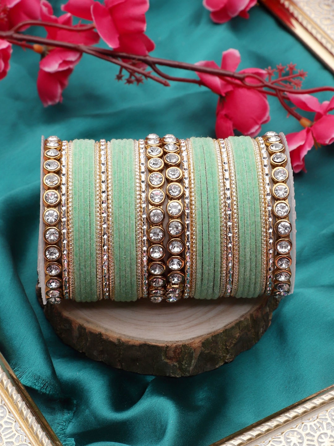 

leshya Set Of 34 Brass Plated Stone-Studded & Beaded Bangles, Green