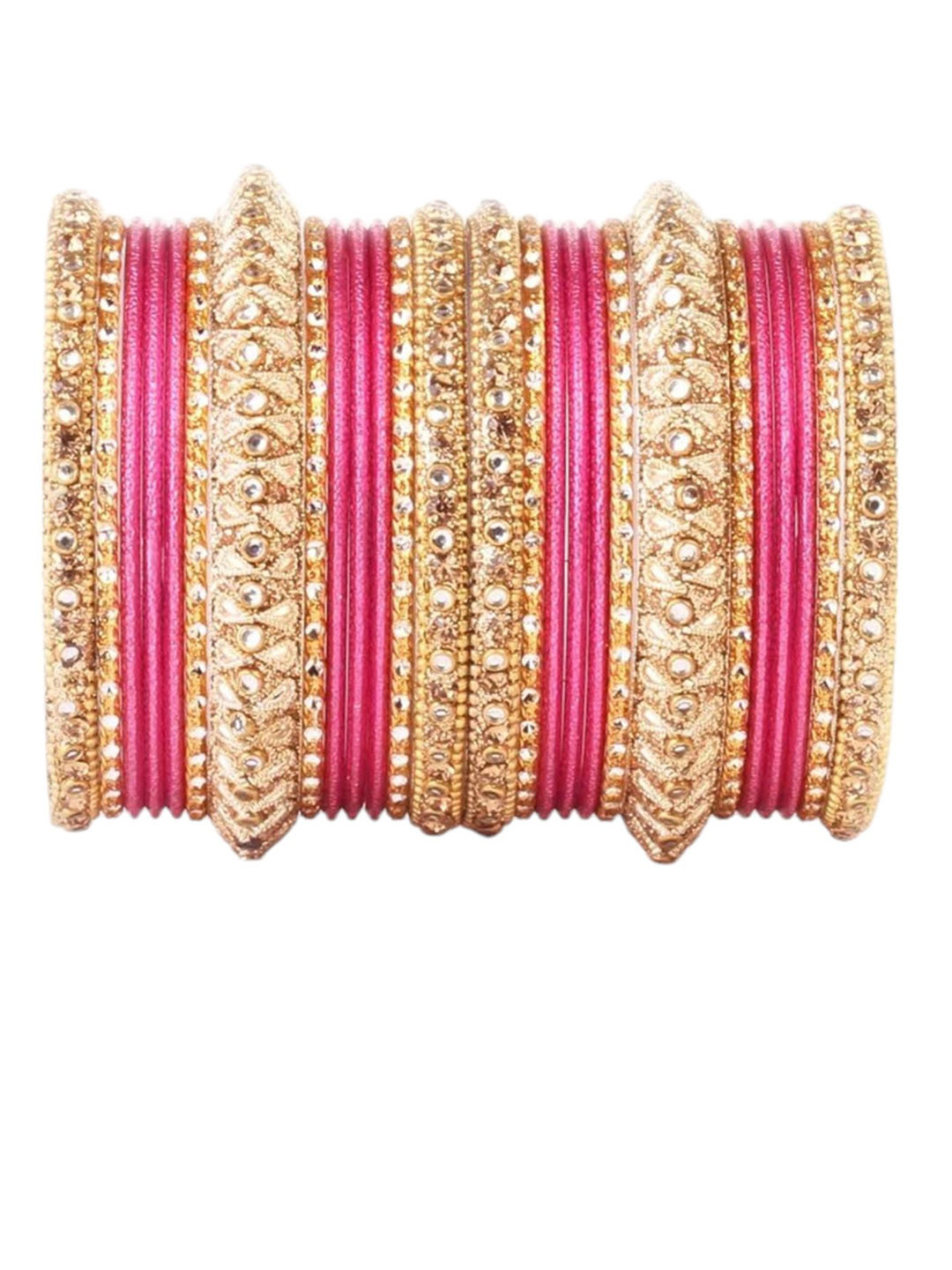 

leshya Set Of 26 Brass Plated Kundan Stone Studded & Beaded Details Bangles, Pink