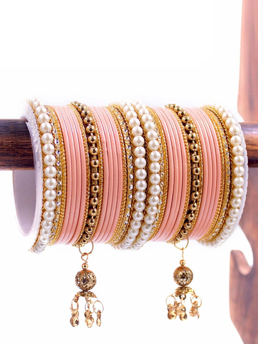 

leshya Set Of 34 Brass-Plated Stoned Studded & Beaded Traditional Bangles, Gold