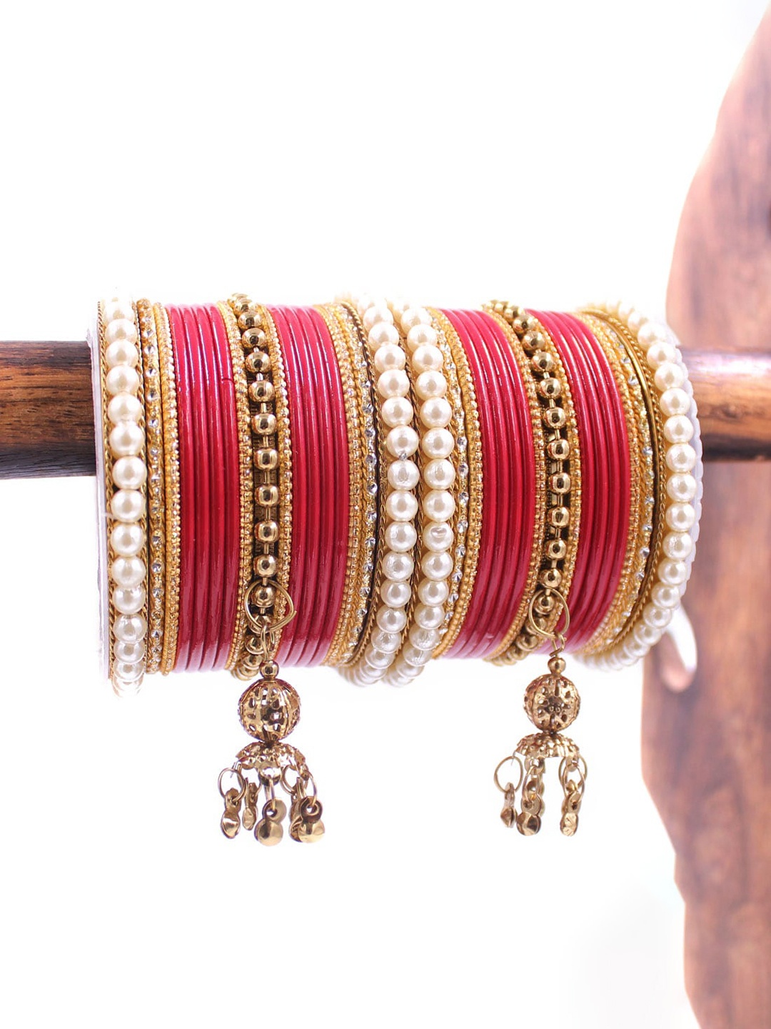 

leshya Set Of 34 Brass Plated Stone-Studded & Beaded Bangles, Red