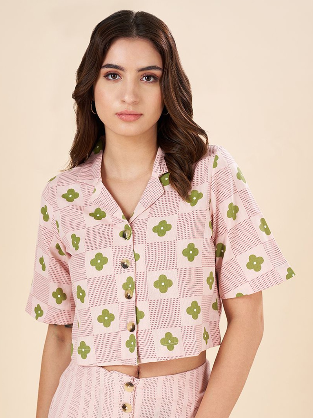 

AKKRITI BY PANTALOONS Polka Dot Print Cotton Shirt Style Crop Top, Pink