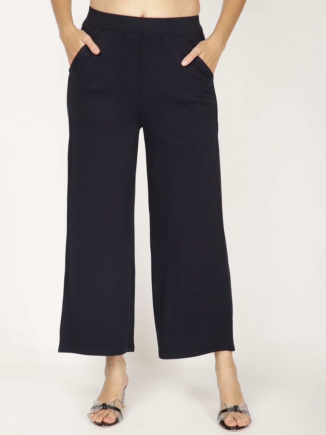 

FUTURO Women Smart Loose Fit Mid-Rise Parallel Trousers, Navy blue