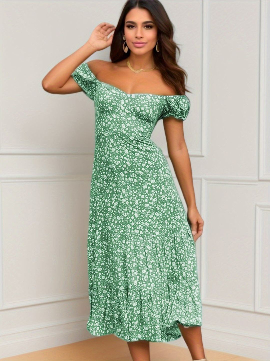 

4WRD by Dressberry Floral Print Off-Shoulder Fit & Flare Midi Dress, Green