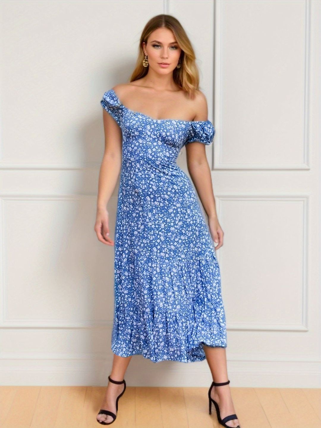 

4WRD by Dressberry Floral Print Off-Shoulder A-Line Midi Dress, Blue
