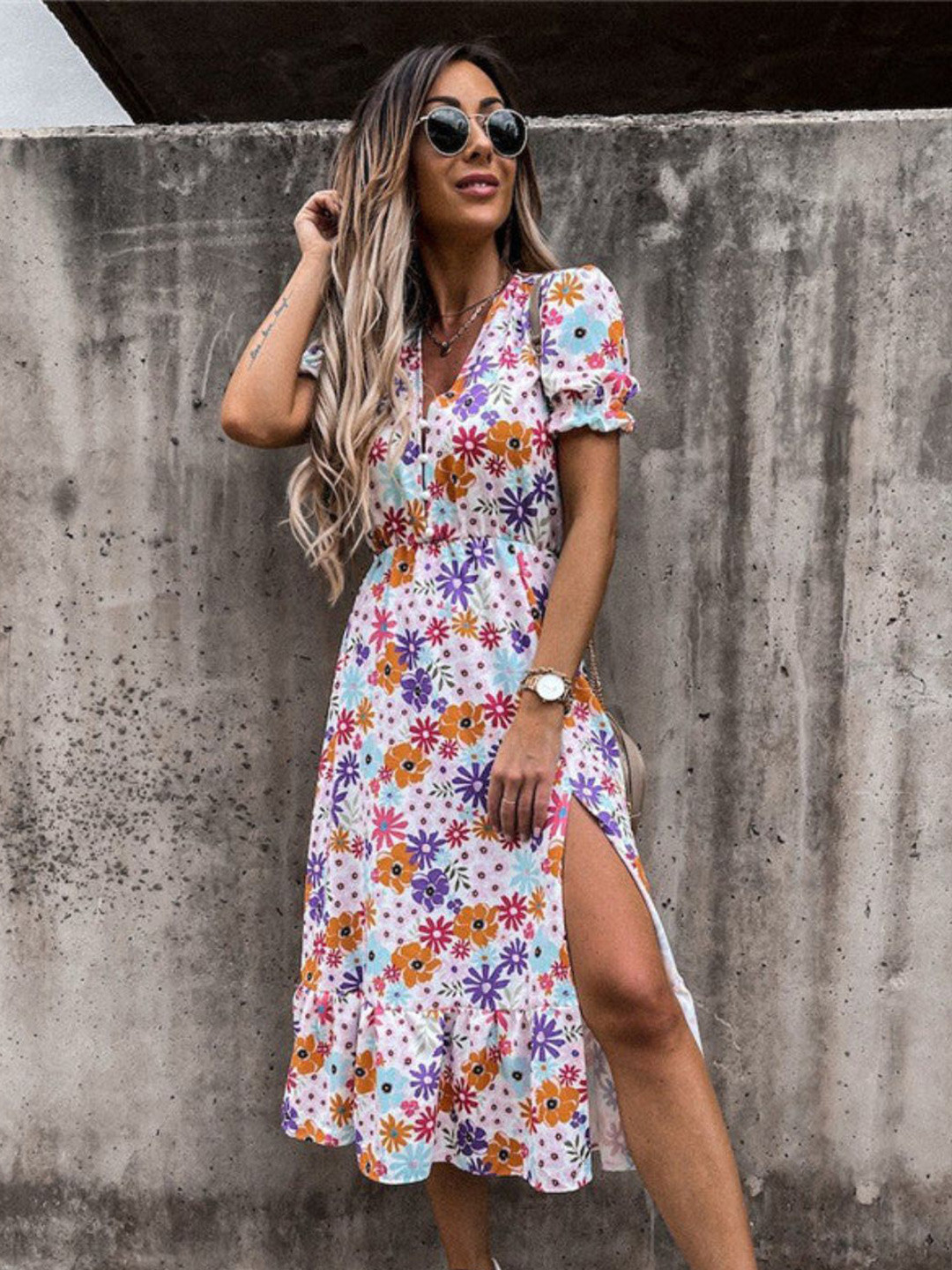 

4WRD by Dressberry Floral Print Puff sleeves Maxi Dress, Multi