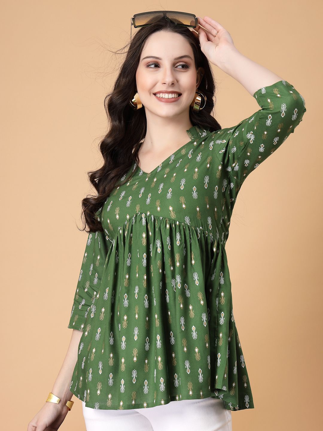 

God Bless Geometric Print Empire Top, Green