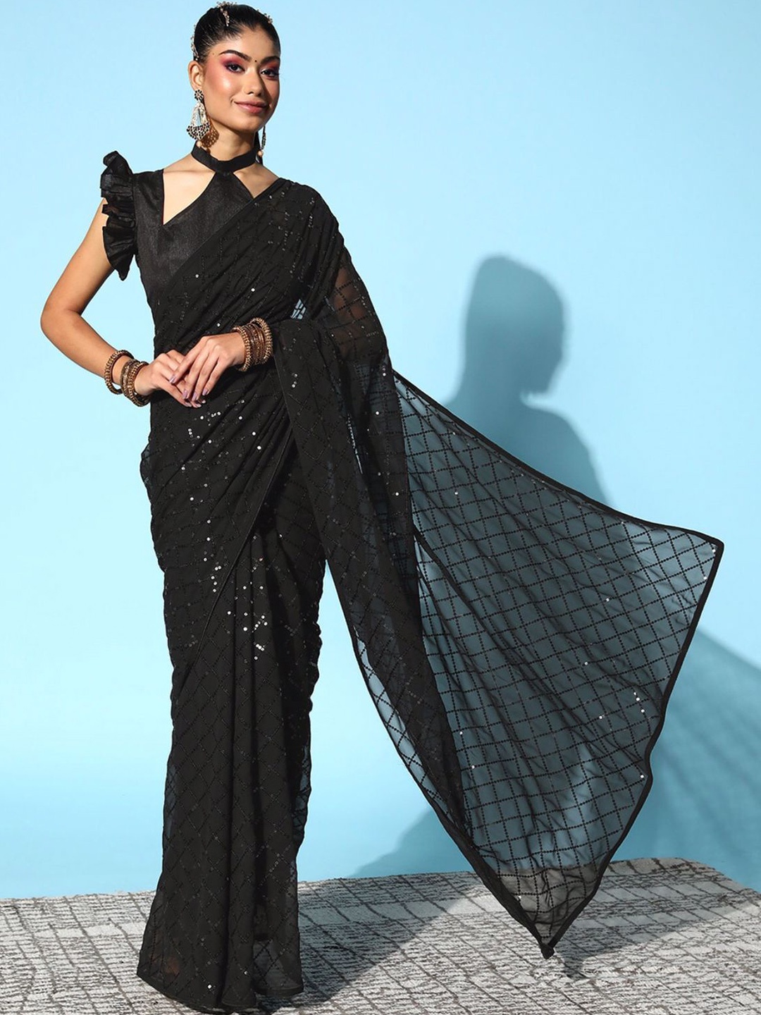 

CANIZZARO Embellished Sequinned Pure Georgette Saree, Black