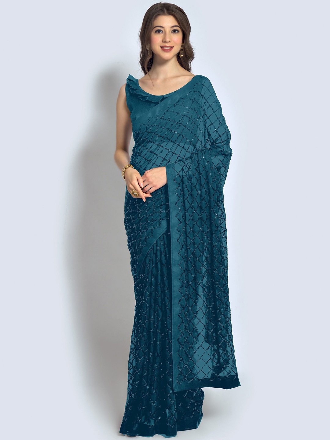 

CANIZZARO Embellished Sequinned Pure Georgette Saree, Teal