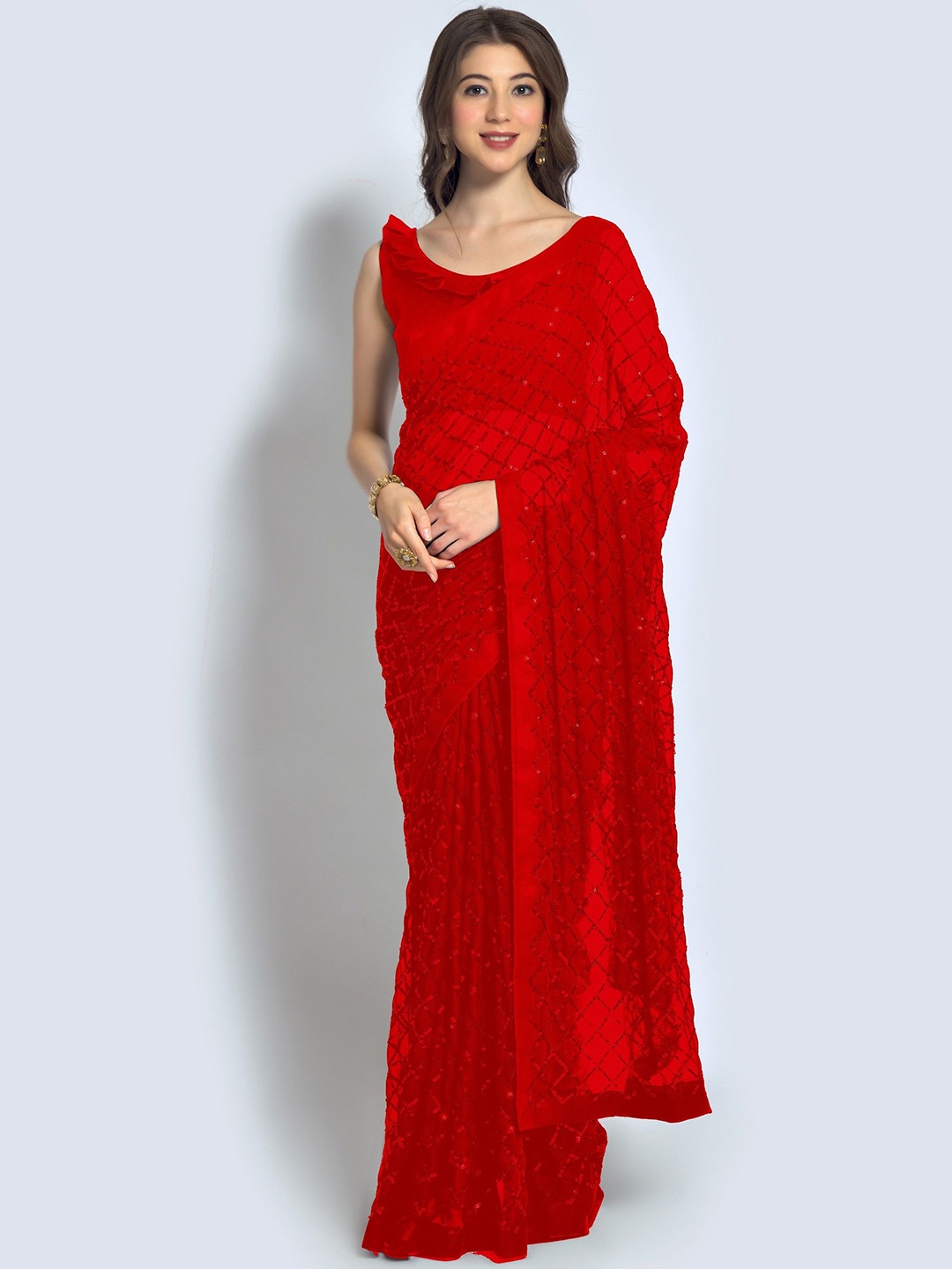 

CANIZZARO Ethnic Motifs Sequinned Pure Georgette Heavy Work Saree, Red
