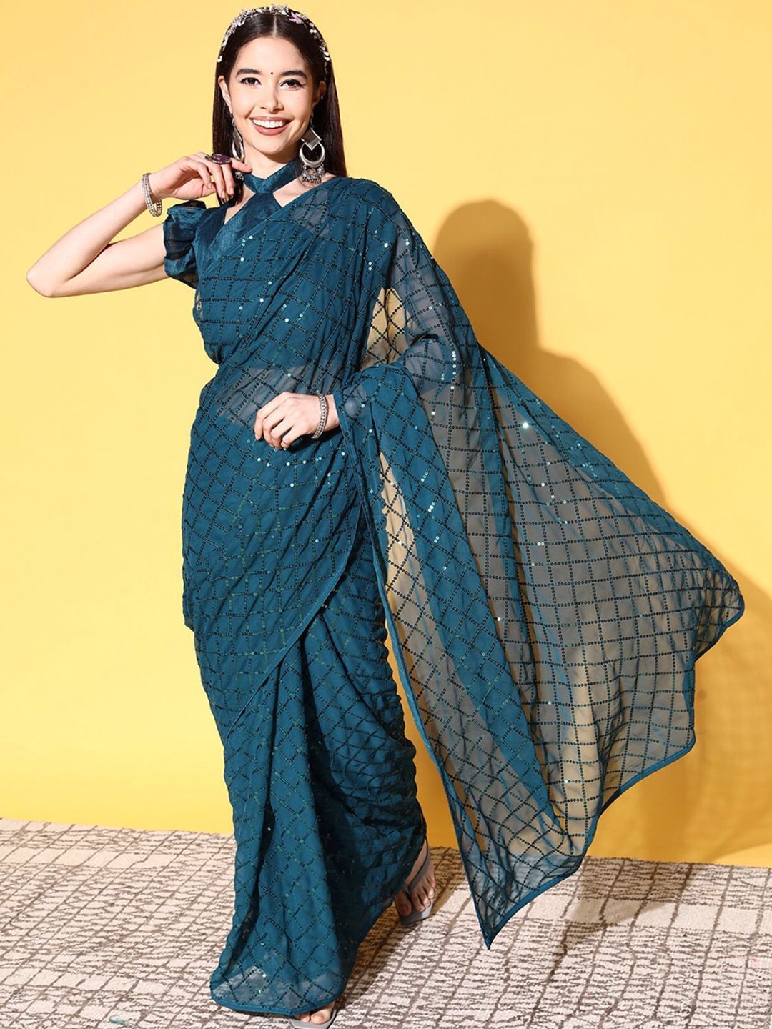

CANIZZARO Embellished Sequinned Pure Georgette Saree, Teal
