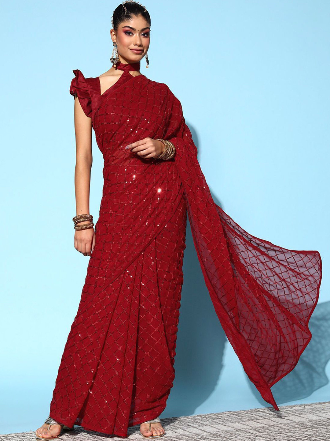

CANIZZARO Ethnic Motifs Sequinned Pure Georgette Heavy Work Saree, Red