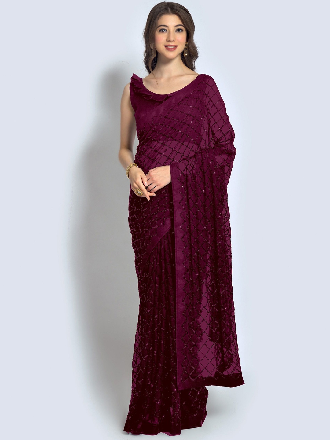 

CANIZZARO Ethnic Motifs Sequinned Pure Georgette Saree, Purple