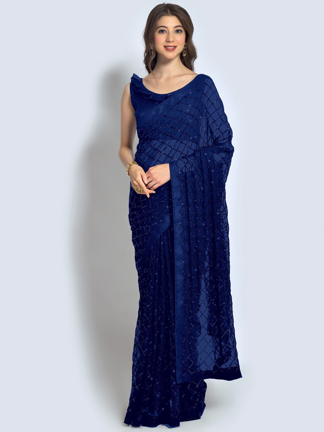 

CANIZZARO Sequinned Striped Saree, Blue