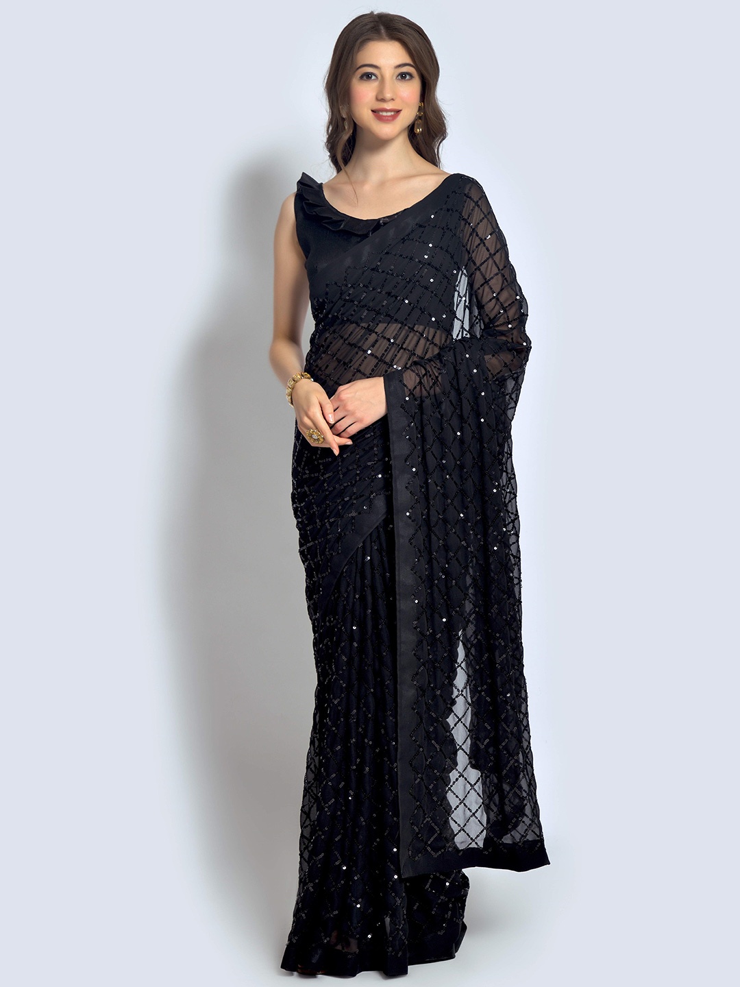 

CANIZZARO Embellished Sequinned Pure Georgette Saree, Black