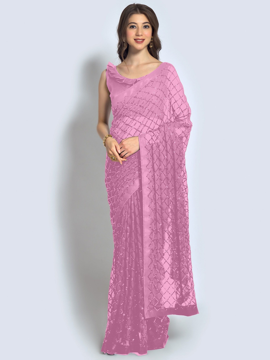 

CANIZZARO Sequinned Pure Georgette Heavy Work Saree, Mauve