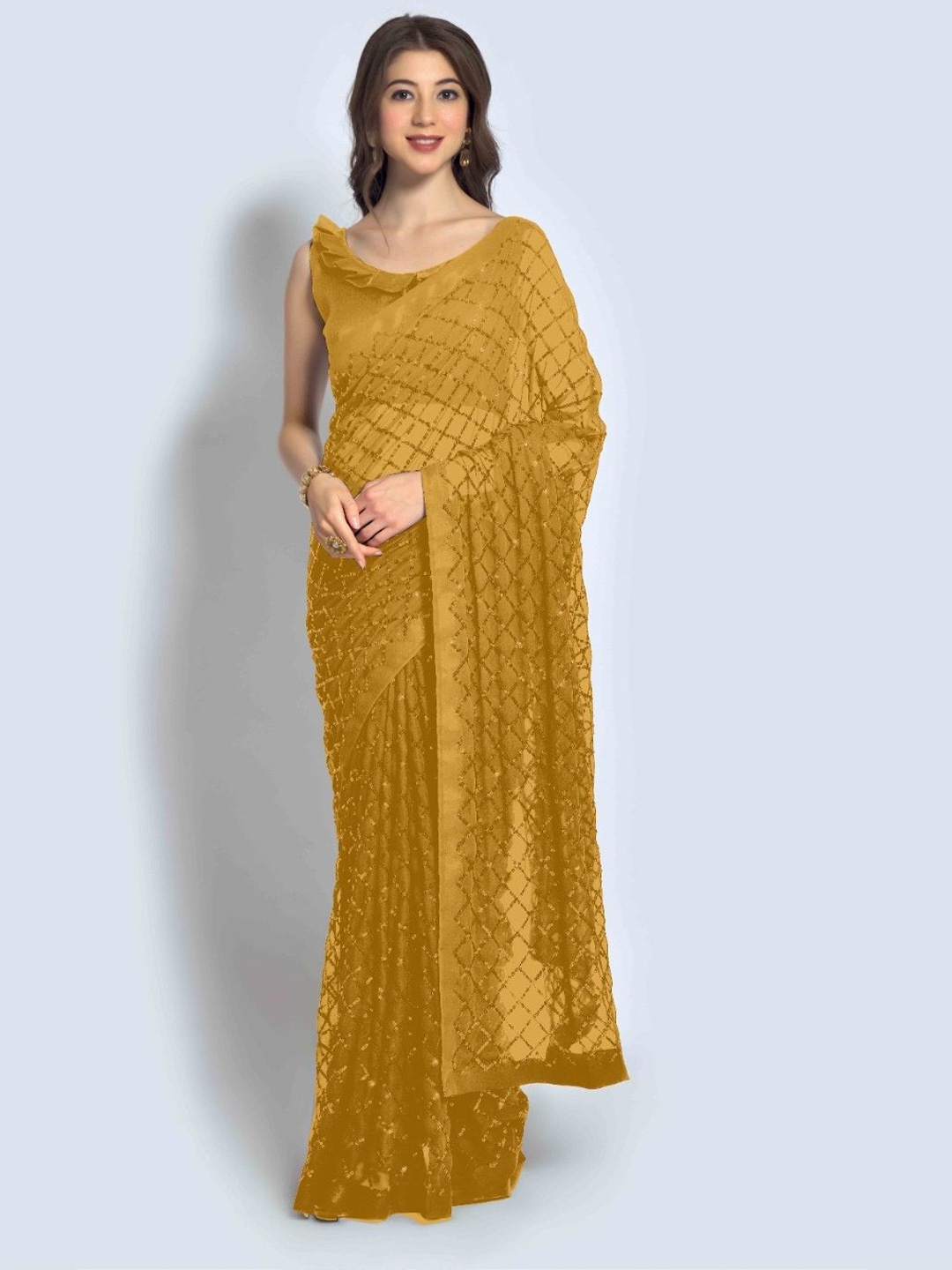 

CANIZZARO Embellished Sequinned Pure Georgette Saree, Mustard