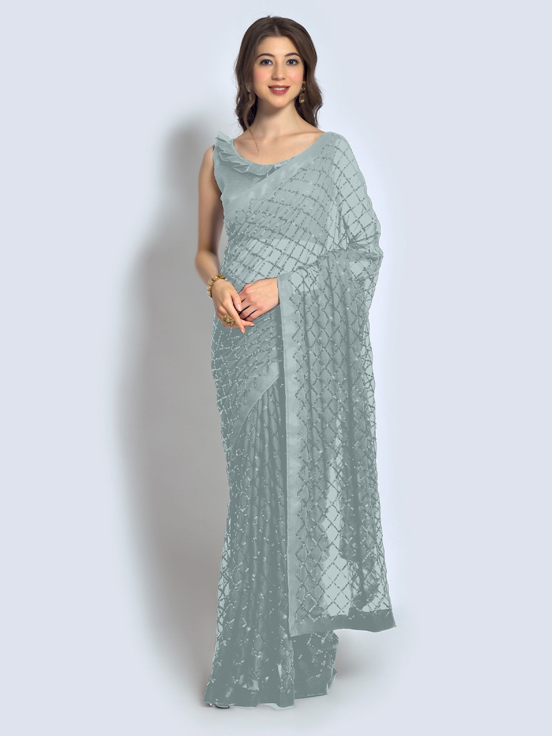 

CANIZZARO Embellished Sequinned Pure Georgette Saree, Grey