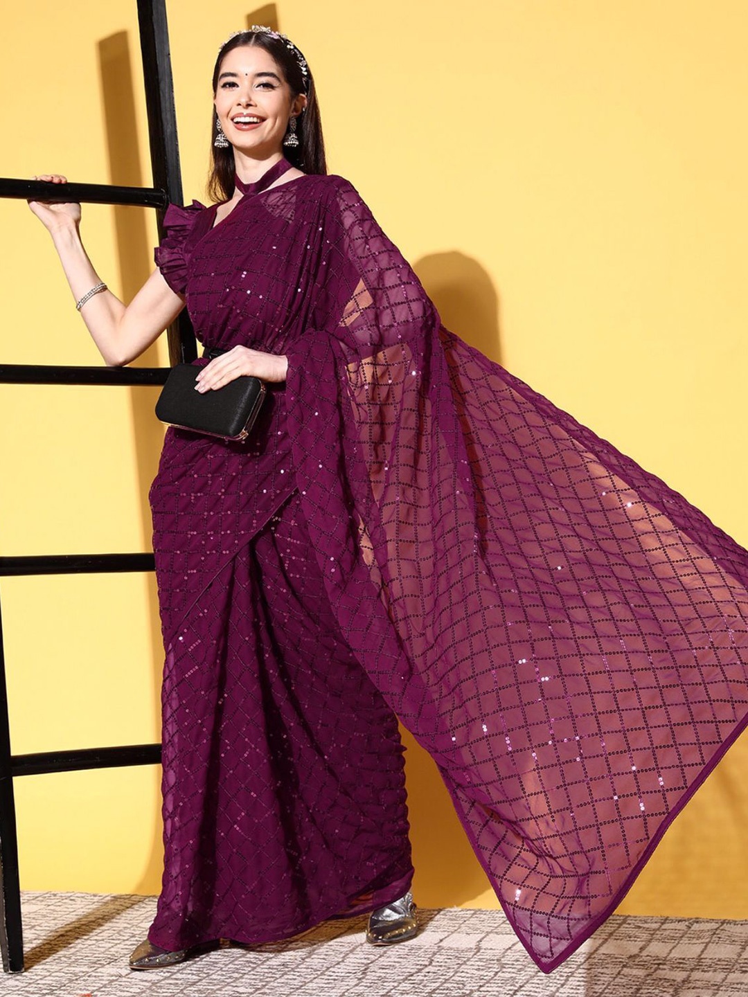 

CANIZZARO Sequinned Pure Georgette Heavy Work Saree, Purple
