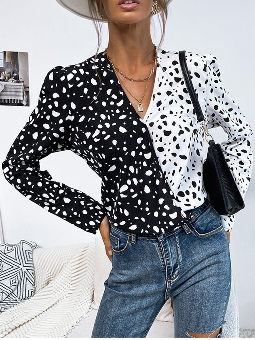 

StyleCast Abstract Printed Wrap Top, Black