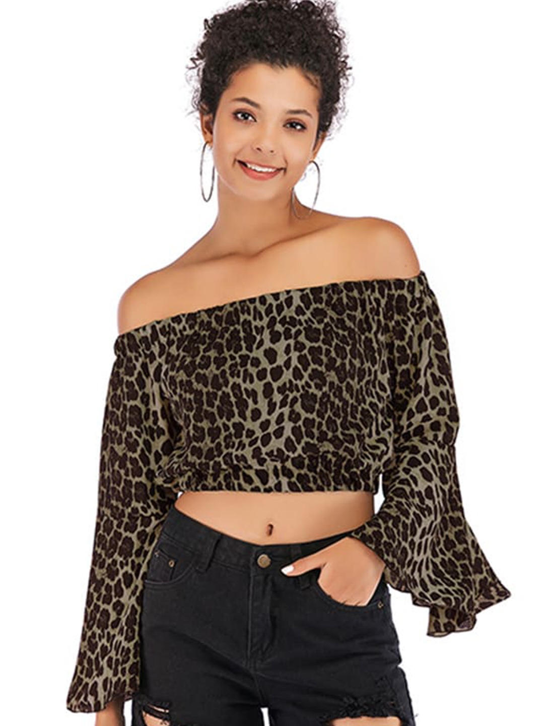 

StyleCast Animal Print Off-Shoulder Flared Sleeve Bardot Crop Top, Black