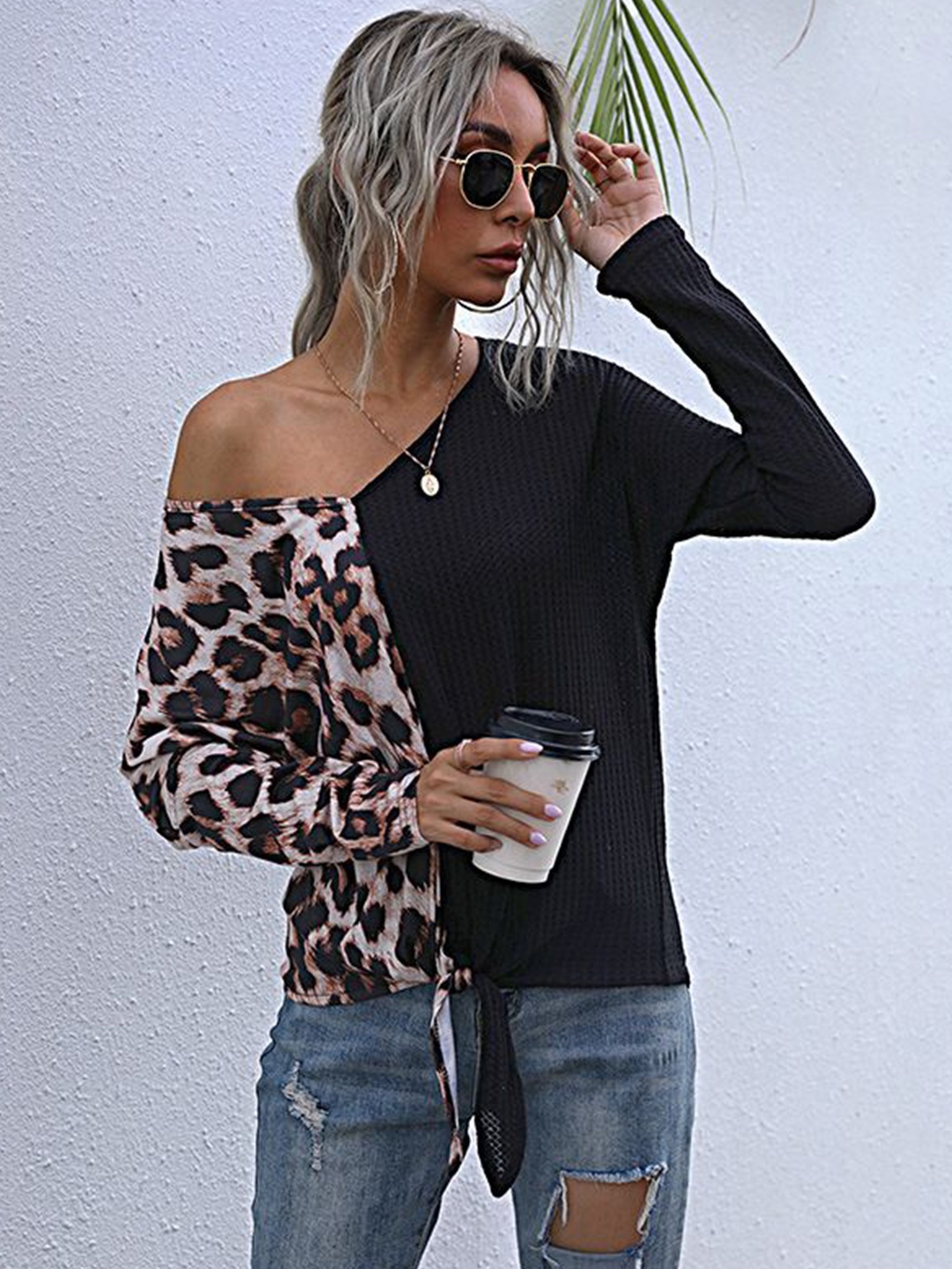 

StyleCast Animal Print Cotton Top, Black